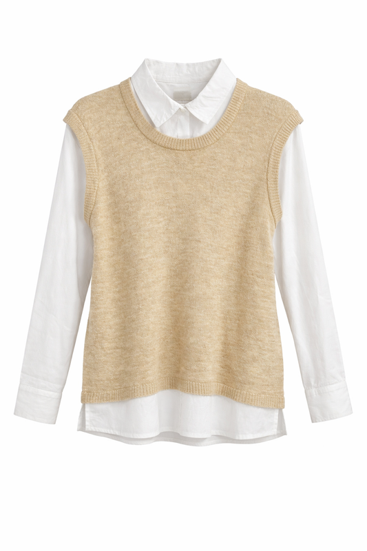 vest with a classic white button-up shirt underneath.