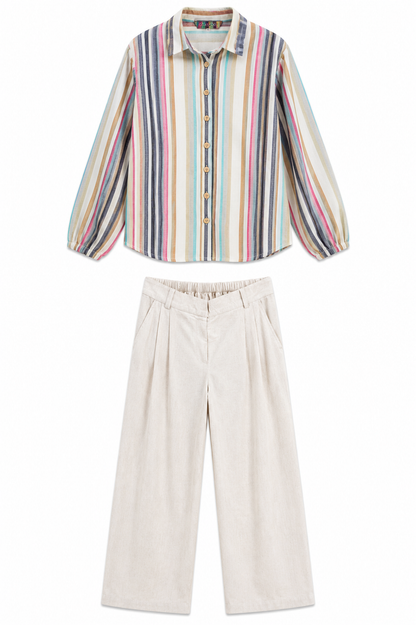Divas Closet Striped Shirt & Wide-Leg Trouser Set – Multi Stripe / Beige