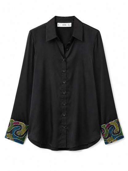 Mango Black Satin Shirt with Embellished Cuffs