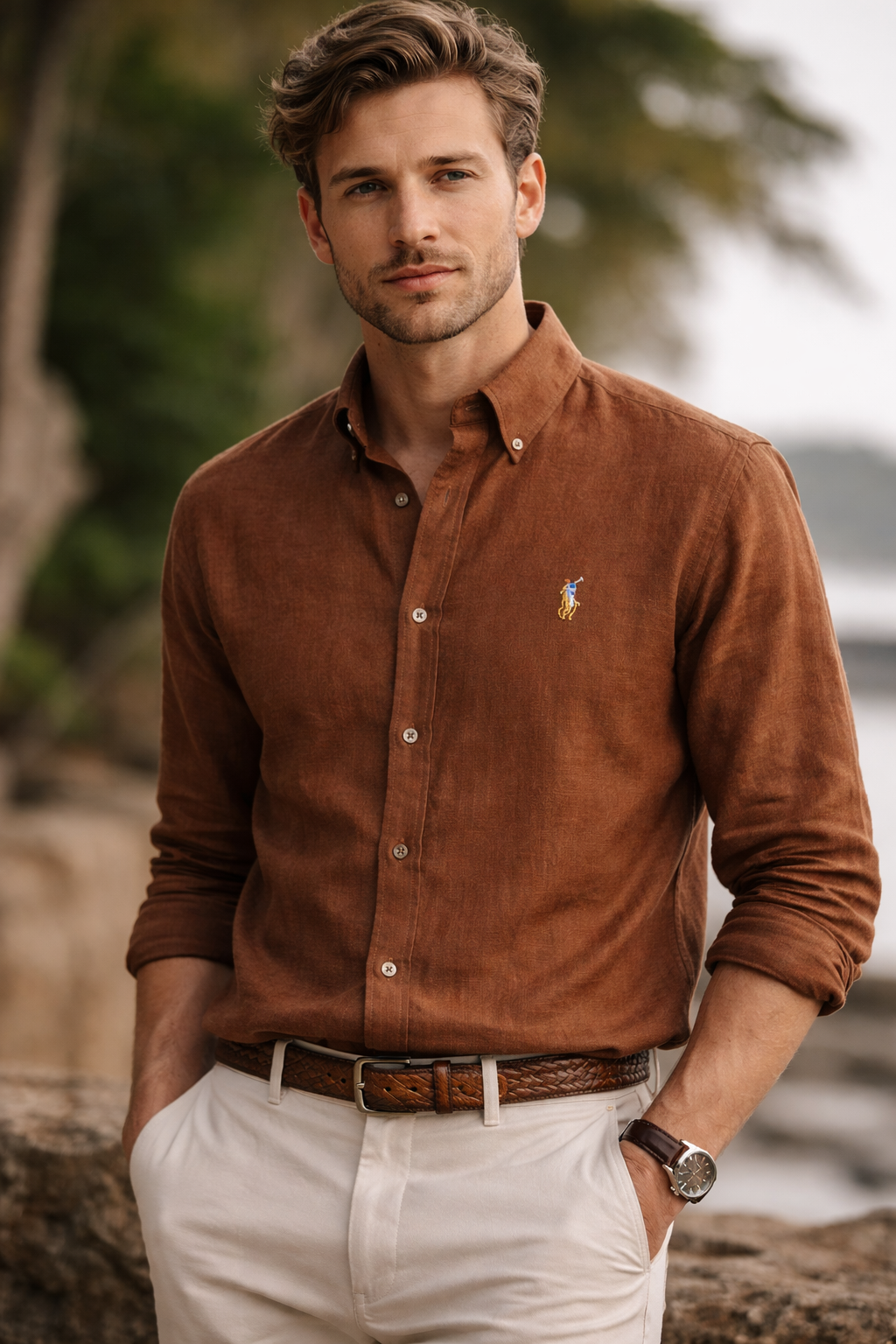 Polo Ralph Lauren Textured Shirt – Brown (Slim Fit)