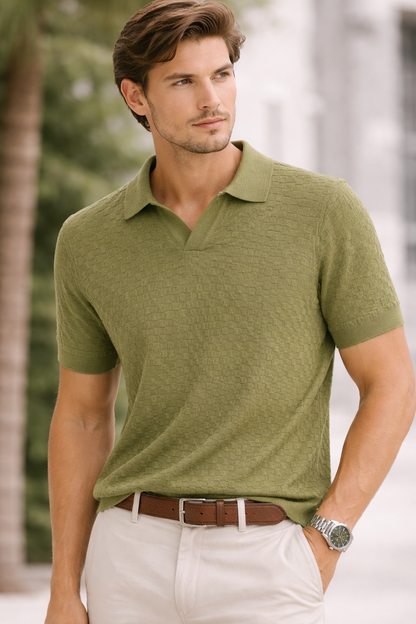 ZARA Textured Knit Polo Blouse – Olive Green