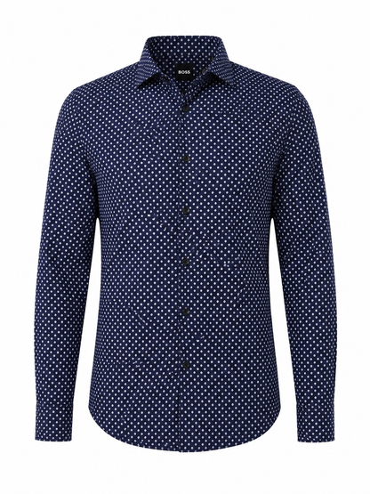 BOSS Navy Patterned Slim-Fit Shirt