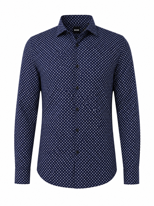 BOSS Navy Patterned Slim-Fit Shirt