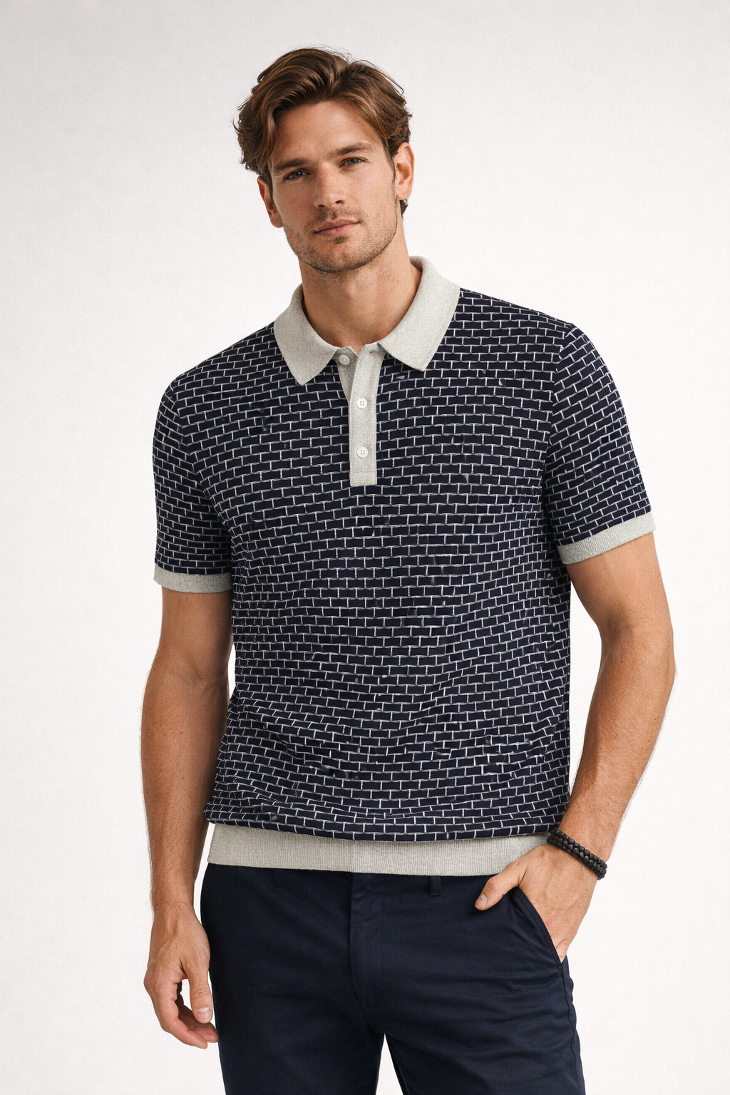 Ted Baker London Patterned Knit Polo – Navy & Light Grey