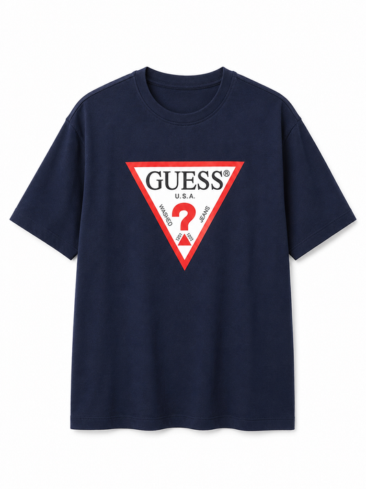 Classic and iconic GUESS short-sleeve T-shirt in a deep navy blue color