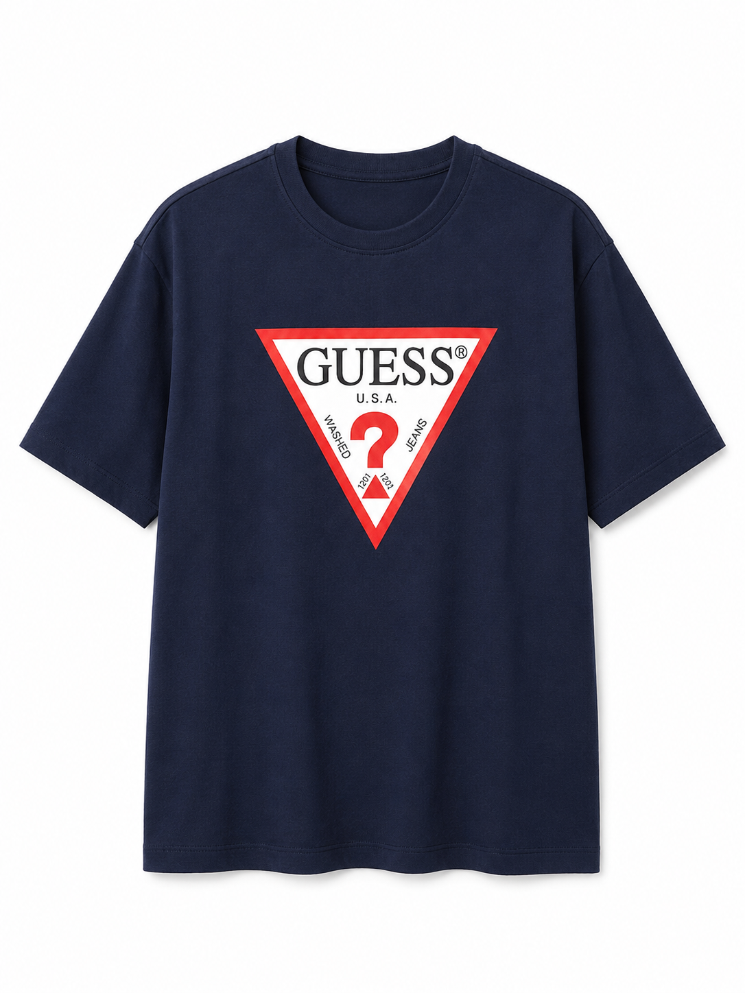 Classic and iconic GUESS short-sleeve T-shirt in a deep navy blue color