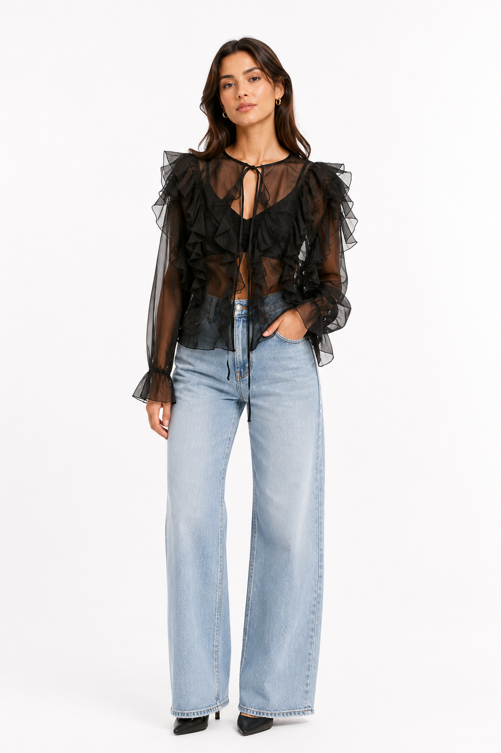 RI Black Sheer Ruffle Blouse