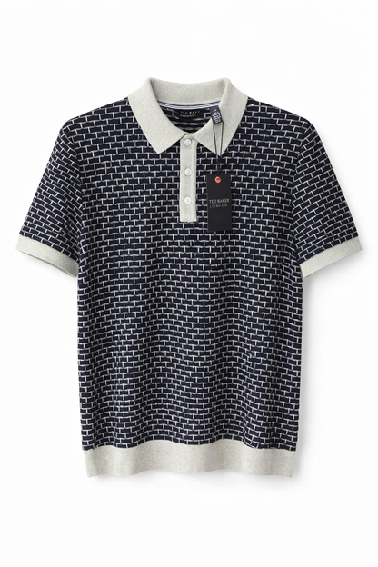 Ted Baker London Patterned Knit Polo – Navy & Light Grey