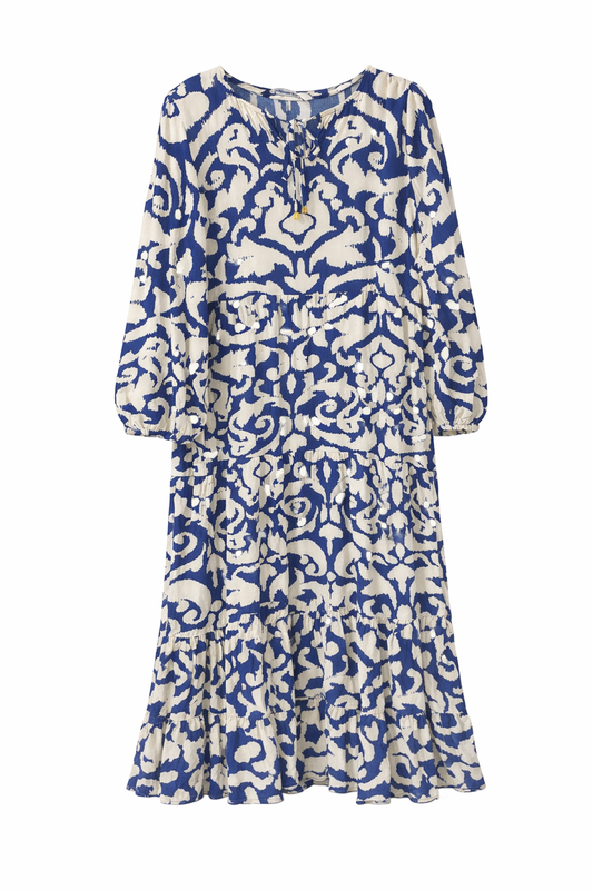 Printed Boho Midi Dress (Blue & White)