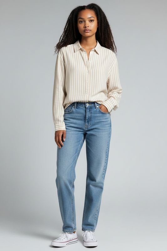 Stradivarius Linen-Style Striped Shirt (Beige)