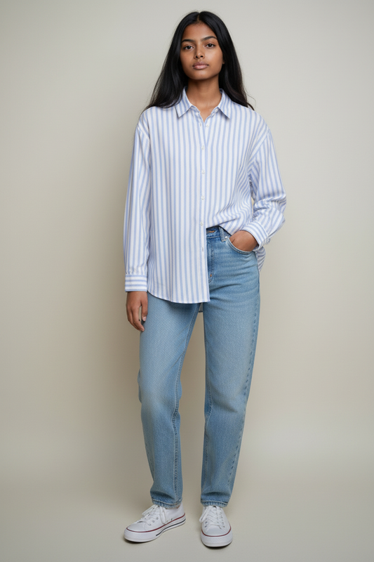 Stradivarius Linen-Style Striped Shirt (Blue & White)