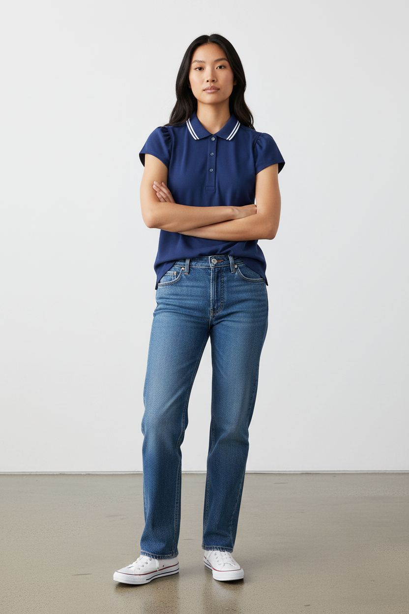 Women’s Navy Puff-Sleeve Polo Blouse