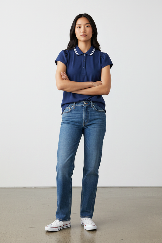 Women’s Navy Puff-Sleeve Polo Blouse